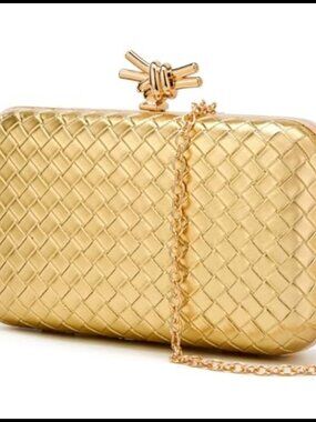 Woven Clutch Purse PU Leather Evening Bag Detachable Chain Wedding Party